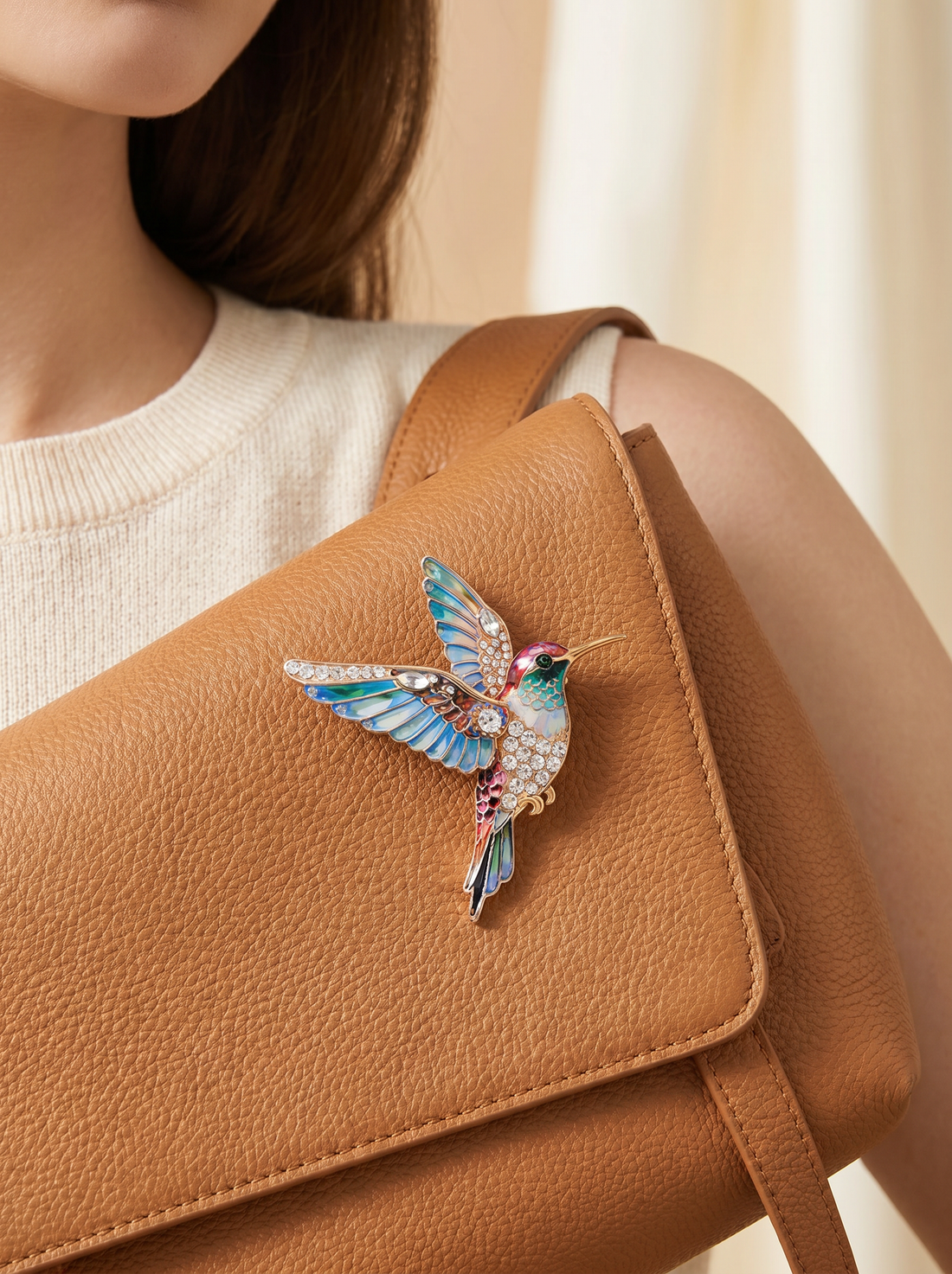 Broche colibri en cristal sur un sac à main