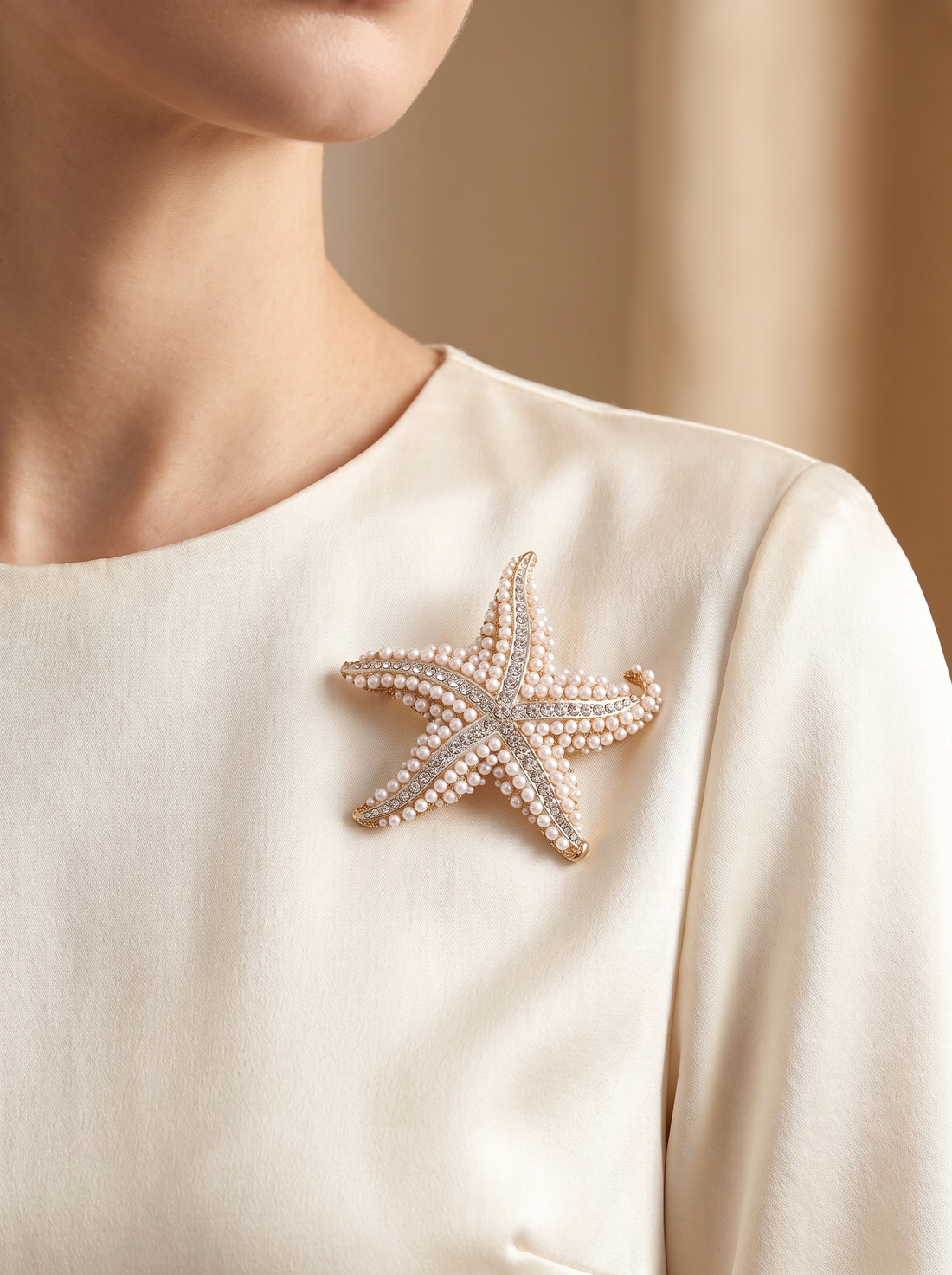 Broche en perles portée sur une tenue de cérémonie