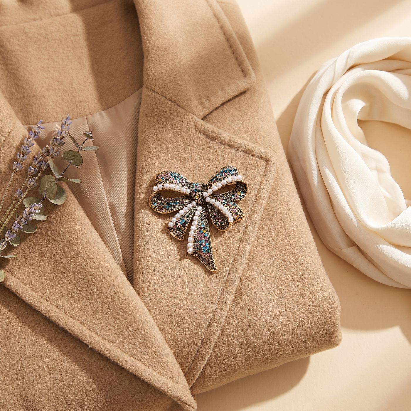 Broche Nœud en cristal, bijou vintage Alyvoa portée sur un revers