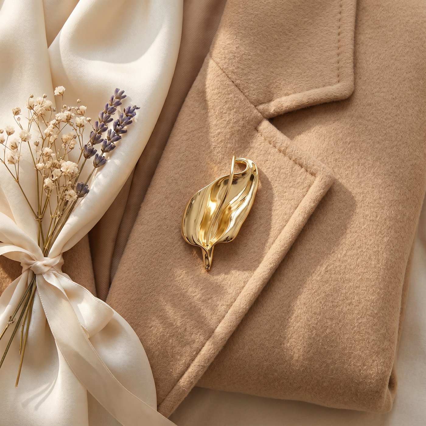 Broche Lys en acier, bijou vintage Alyvoa en situation · Doré