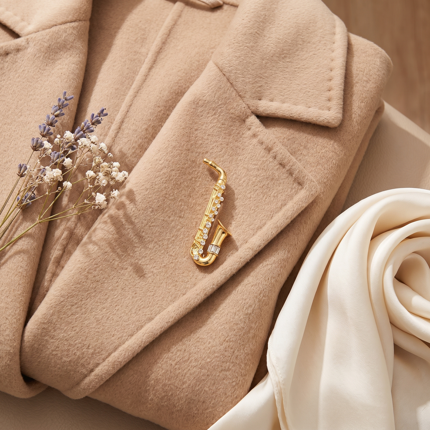 Broche Saxophone en cristal, bijou vintage Alyvoa en situation · Doré