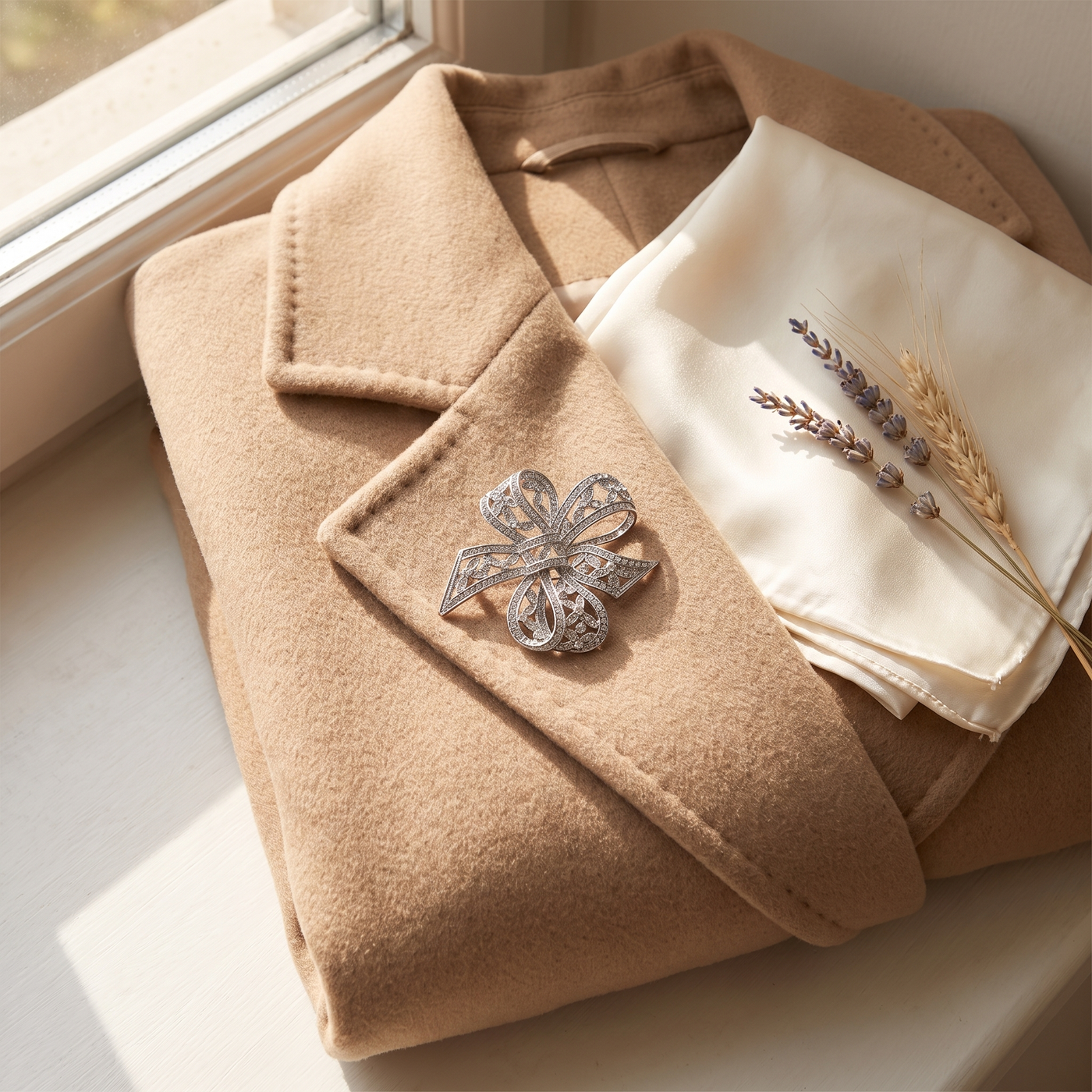 Broche Nœud en cristal, bijou vintage Alyvoa tenue à la main · Argenté