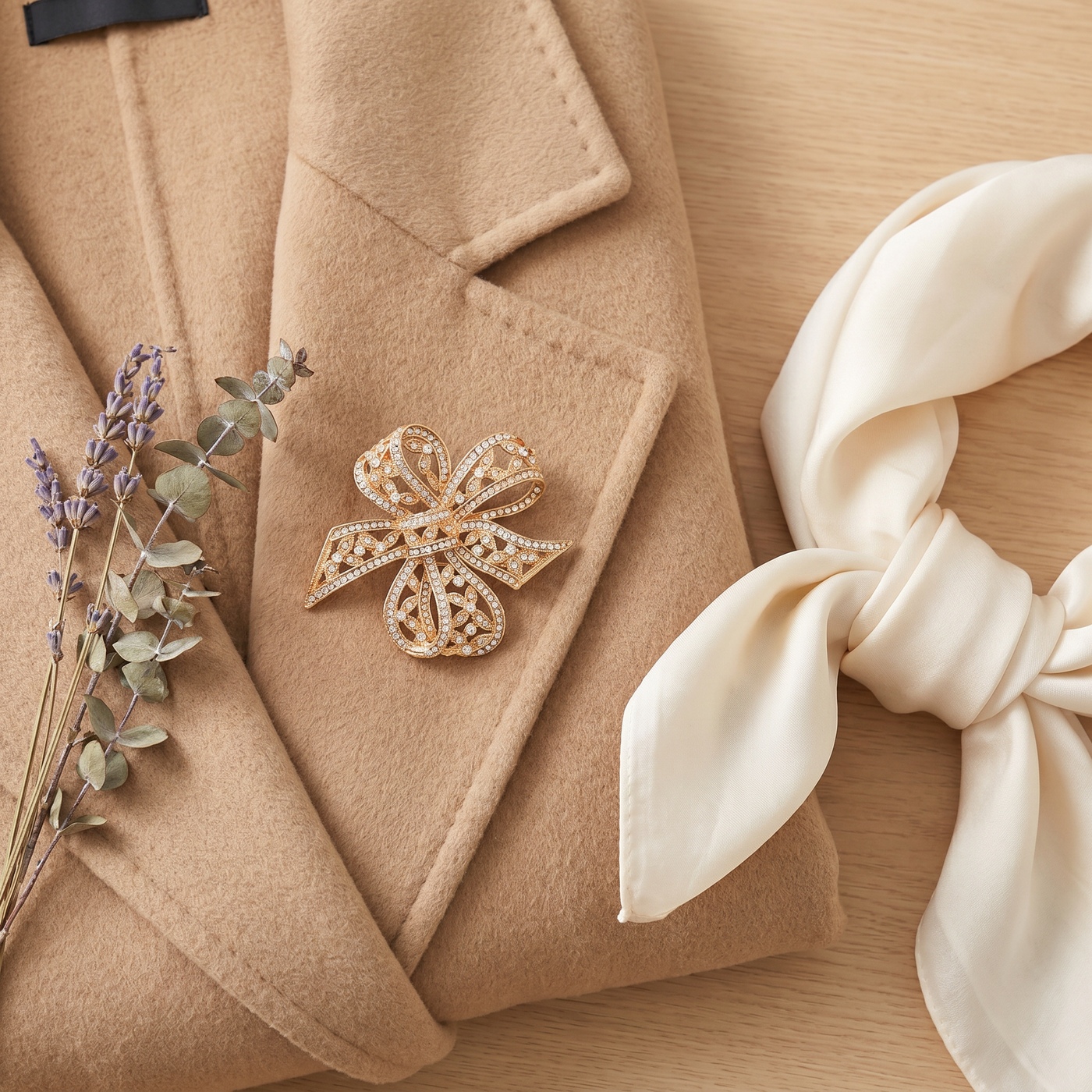 Broche Nœud en cristal, bijou vintage Alyvoa en situation · Doré