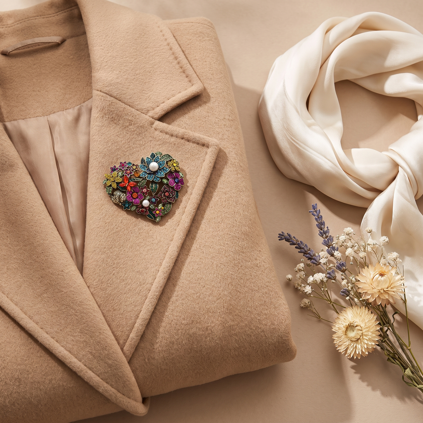 Broche Cœur en cristal, bijou vintage Alyvoa portée sur un revers