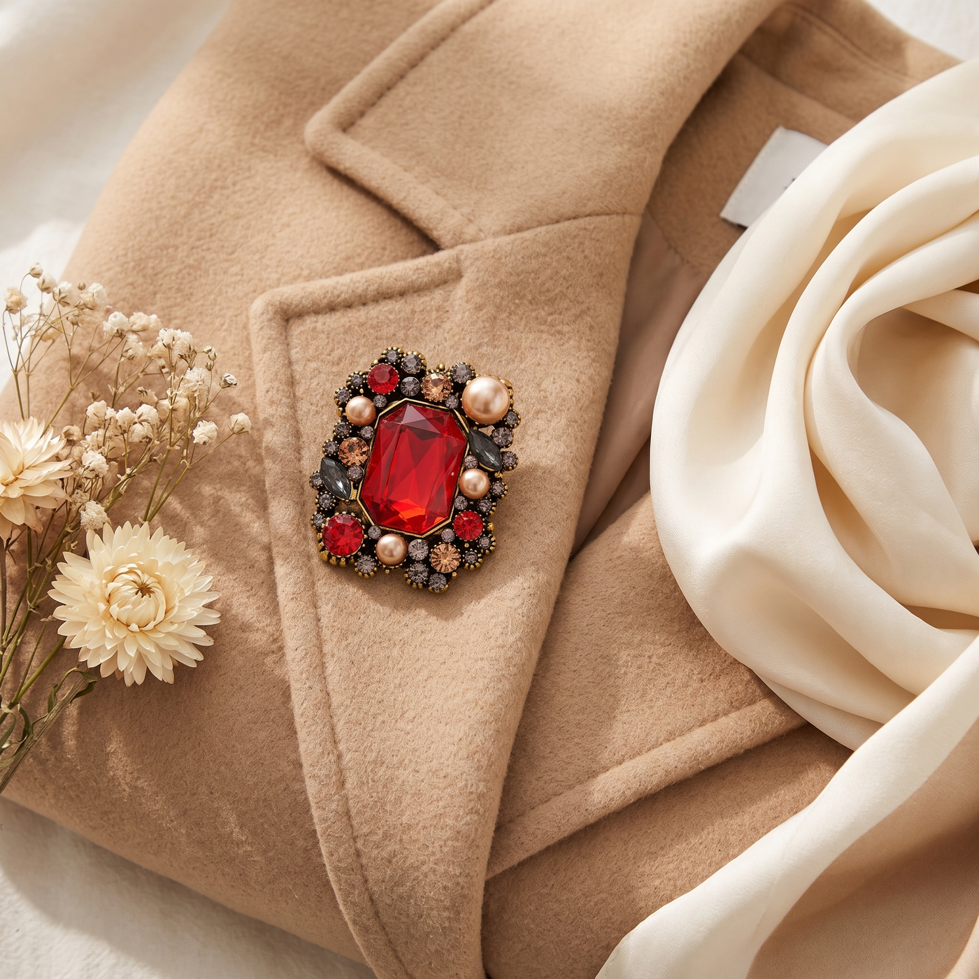 Broche Fleur en cristal, bijou vintage Alyvoa tenue à la main · Rouge