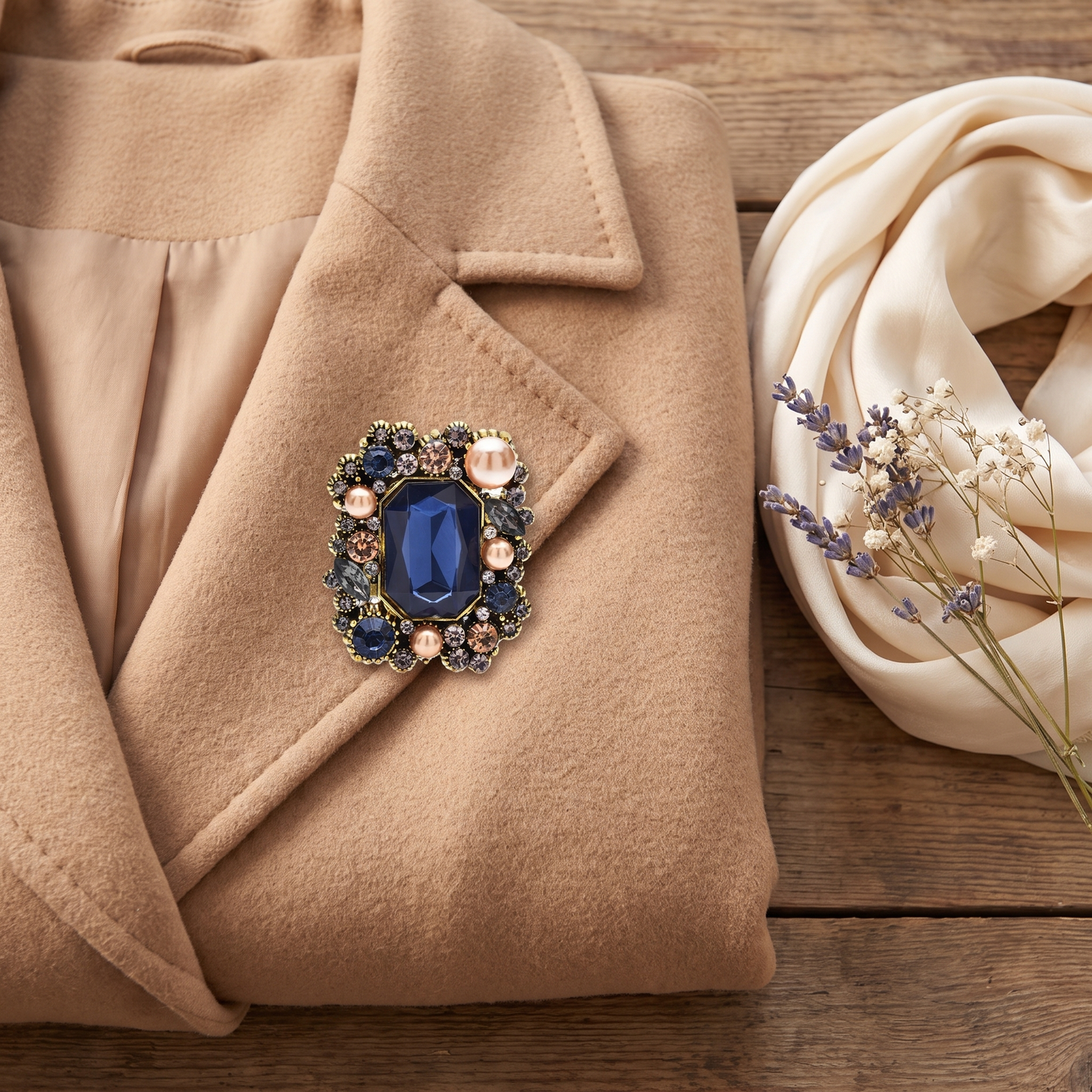 Broche Fleur en cristal, bijou vintage Alyvoa en situation · Bleu