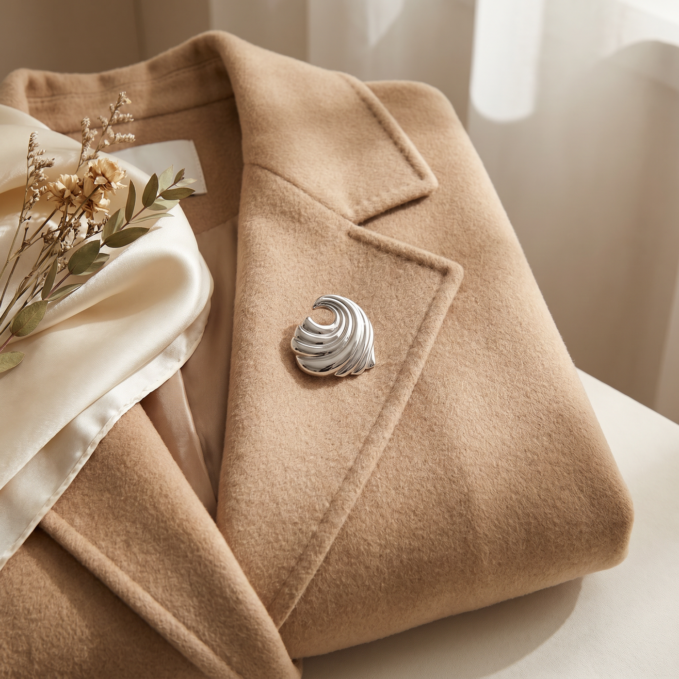 Broche Vague en acier, bijou vintage Alyvoa en situation · Argenté