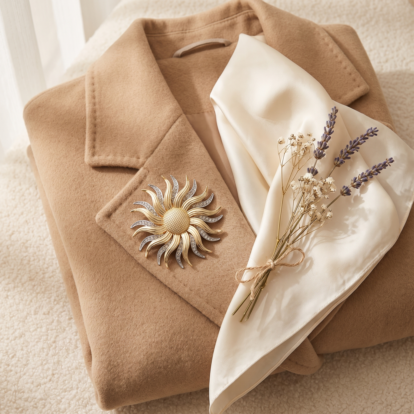 Broche Tournesol en cristal, bijou vintage Alyvoa portée sur un revers