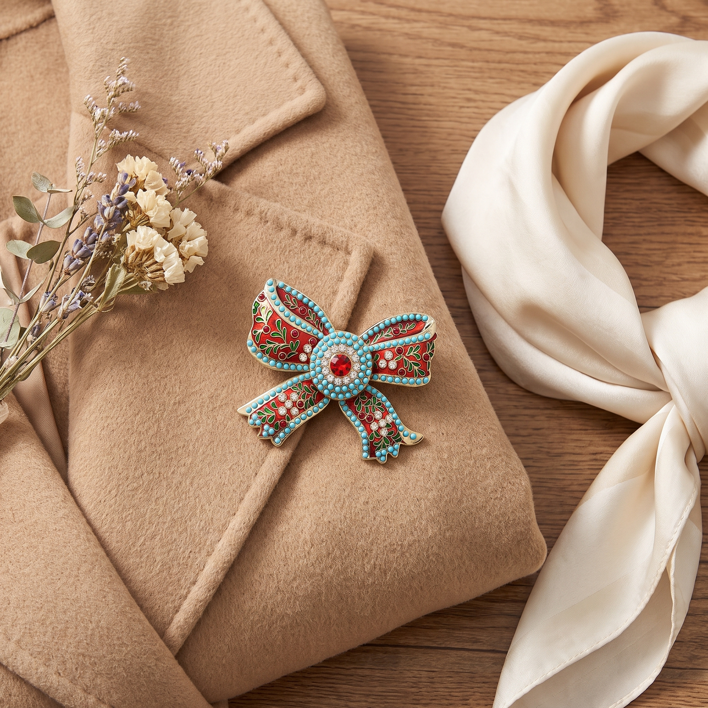 Broche Nœud en émail, bijou vintage Alyvoa portée sur un revers
