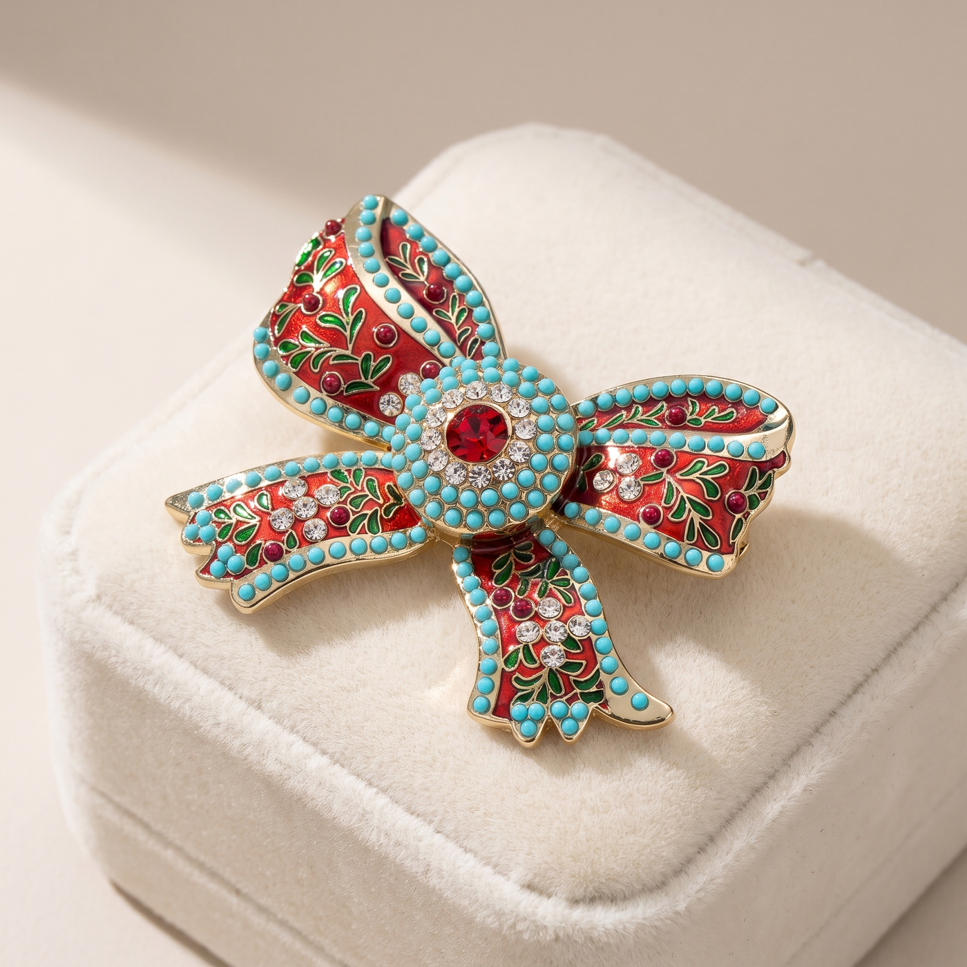 Broche Nœud en émail, bijou vintage Alyvoa tenue à la main