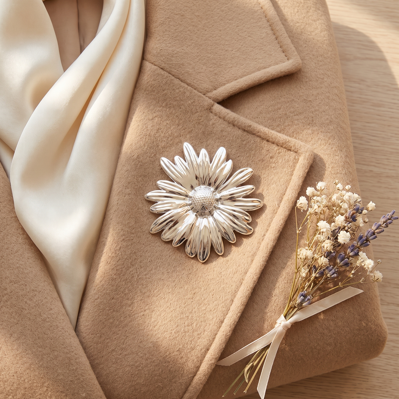 Broche Marguerite en acier, bijou vintage Alyvoa tenue à la main · Argenté
