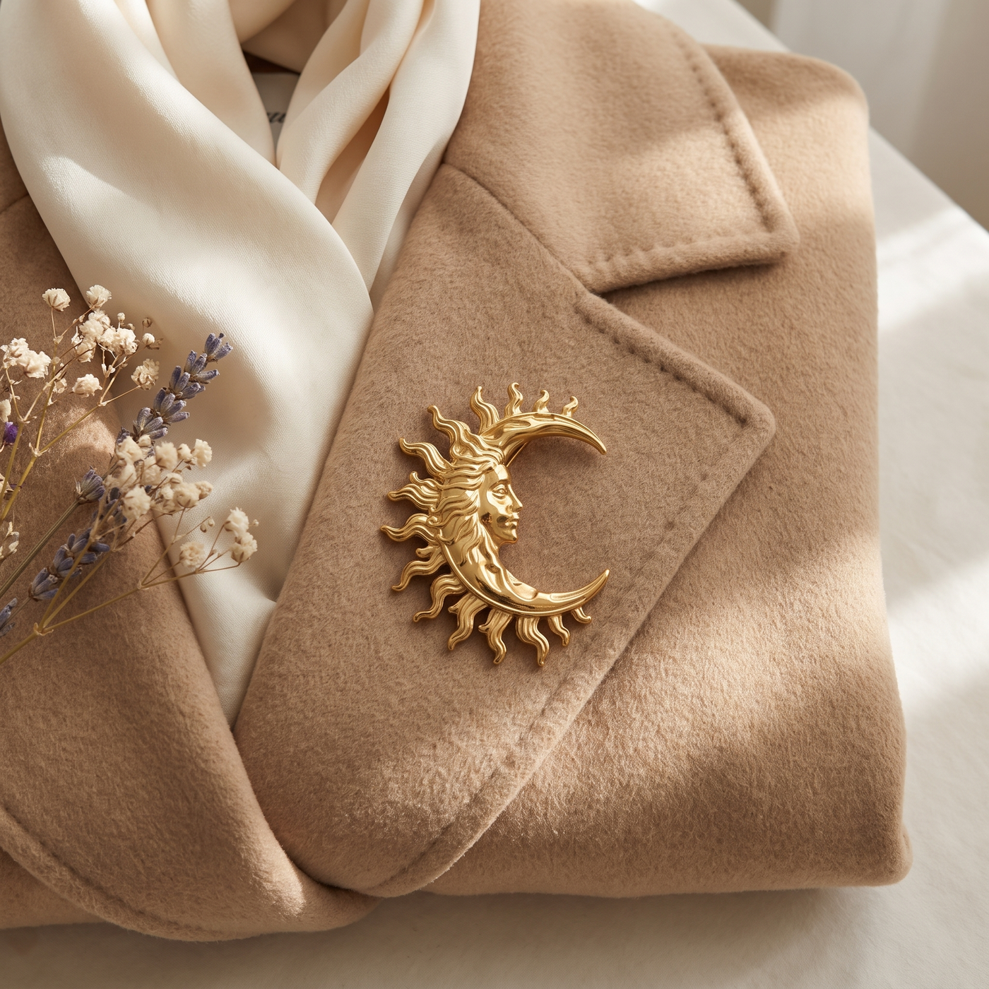 Broche Déesse en acier, bijou vintage Alyvoa tenue à la main · Doré