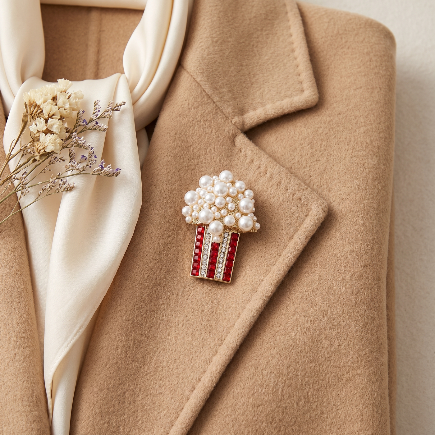 Broche Pop-corn en perles & cristal, bijou vintage Alyvoa portée sur un revers