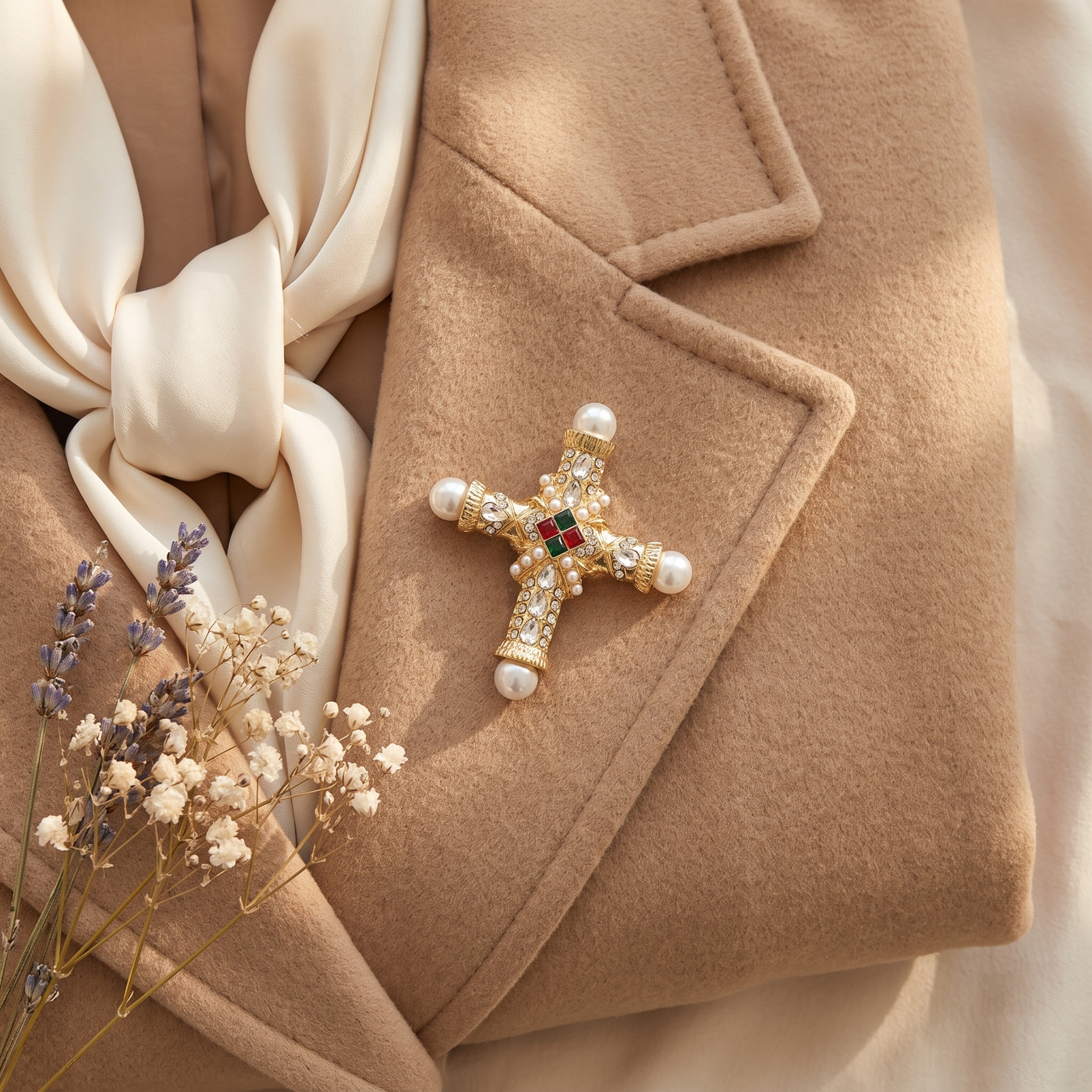 Broche Croix en perles & cristal, bijou vintage Alyvoa portée sur un revers