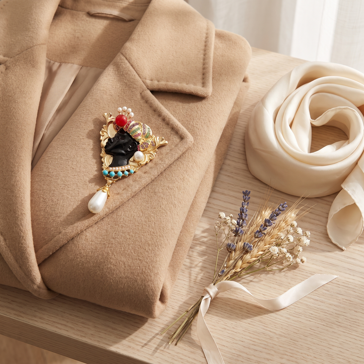 Broche Dame en émail, bijou vintage Alyvoa portée sur un revers