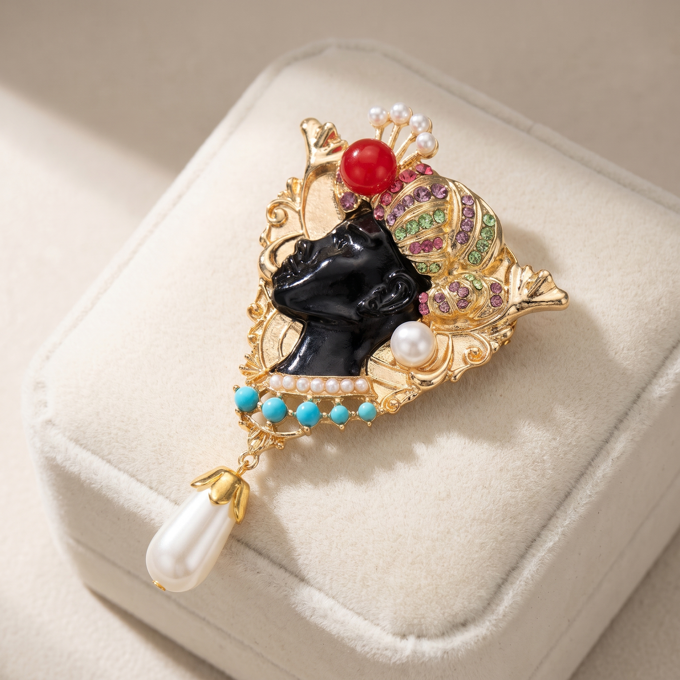 Broche Dame en émail, bijou vintage Alyvoa tenue à la main