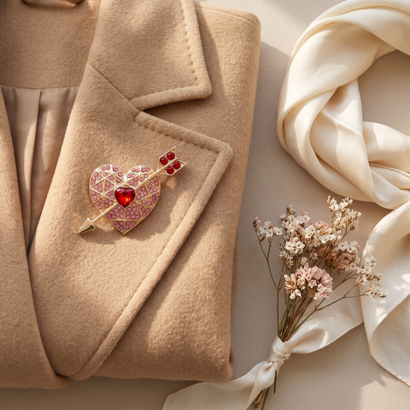 Broche Cœur en cristal, bijou vintage Alyvoa portée sur un revers