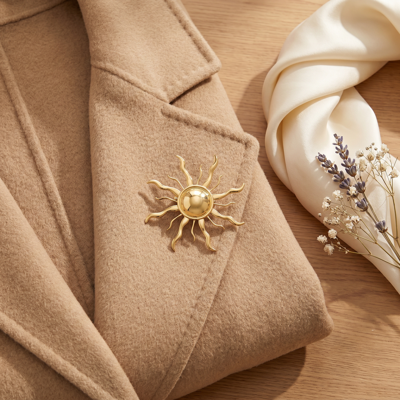 Broche Soleil en acier, bijou vintage Alyvoa tenue à la main · Doré