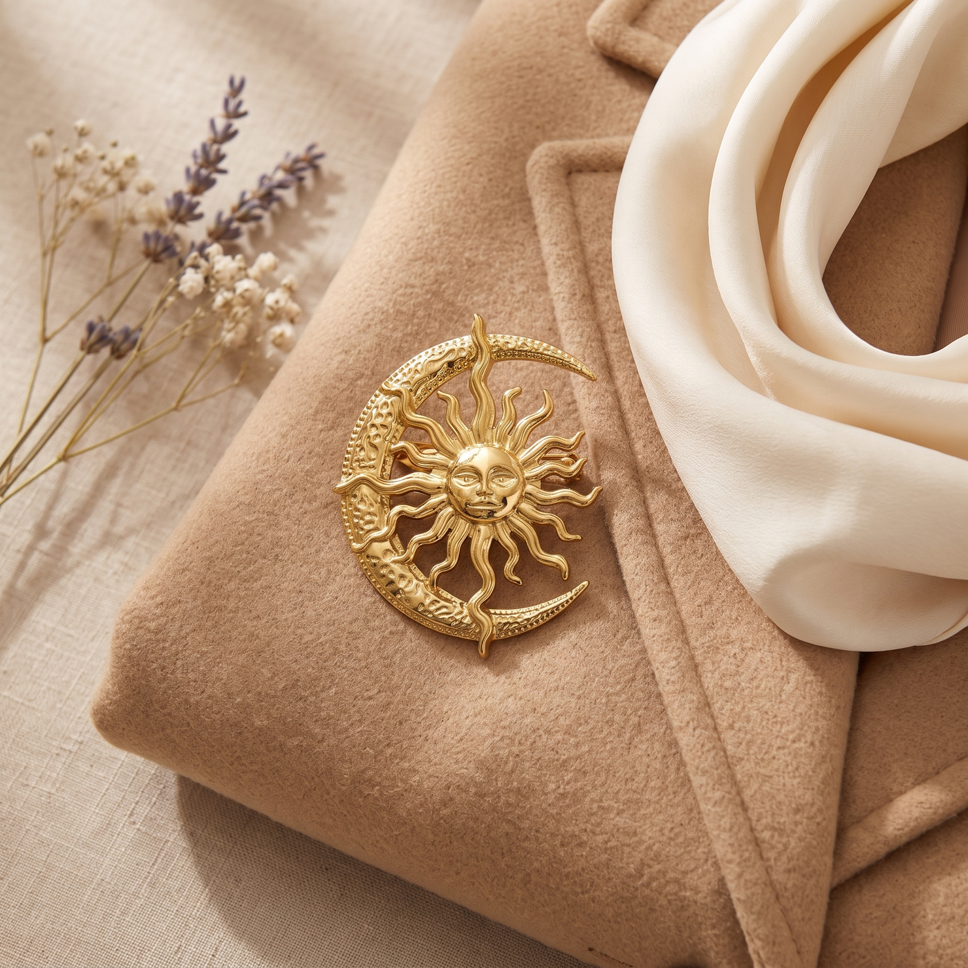 Broche Soleil & Lune en acier, bijou vintage Alyvoa tenue à la main · Doré