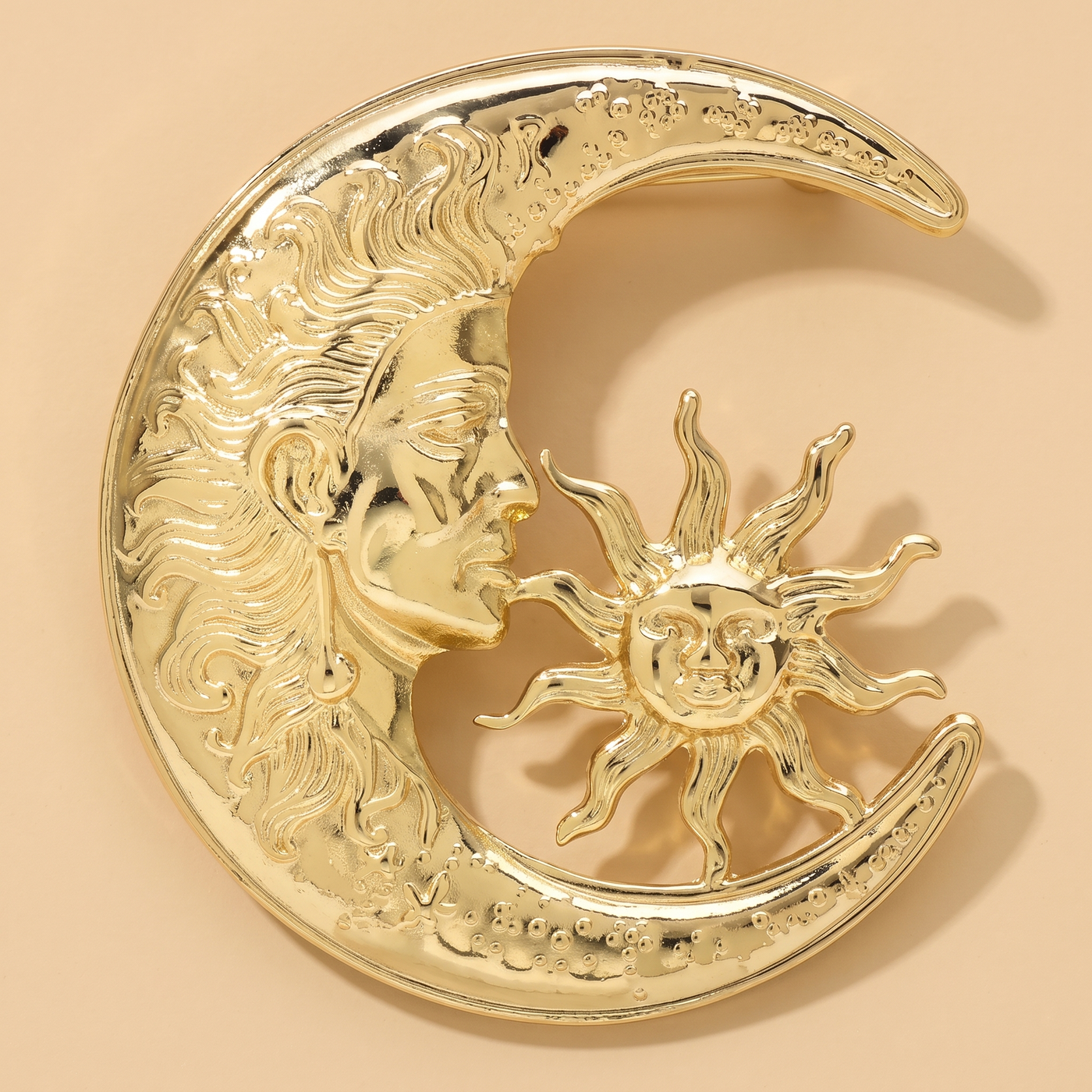 Broche Soleil & Lune en acier, bijou vintage Alyvoa · Doré
