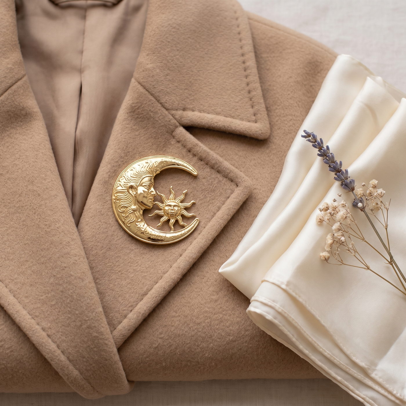 Broche Soleil & Lune en acier, bijou vintage Alyvoa tenue à la main · Doré