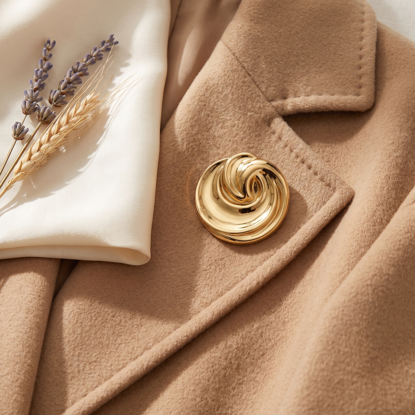 Broche Nœud en acier, bijou vintage Alyvoa en situation · Doré