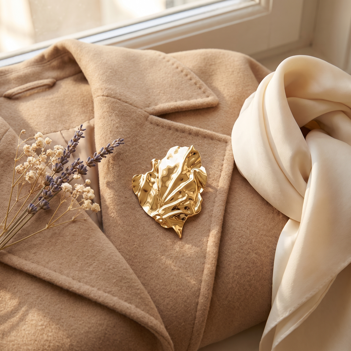 Broche Feuille en acier, bijou vintage Alyvoa en situation · Doré