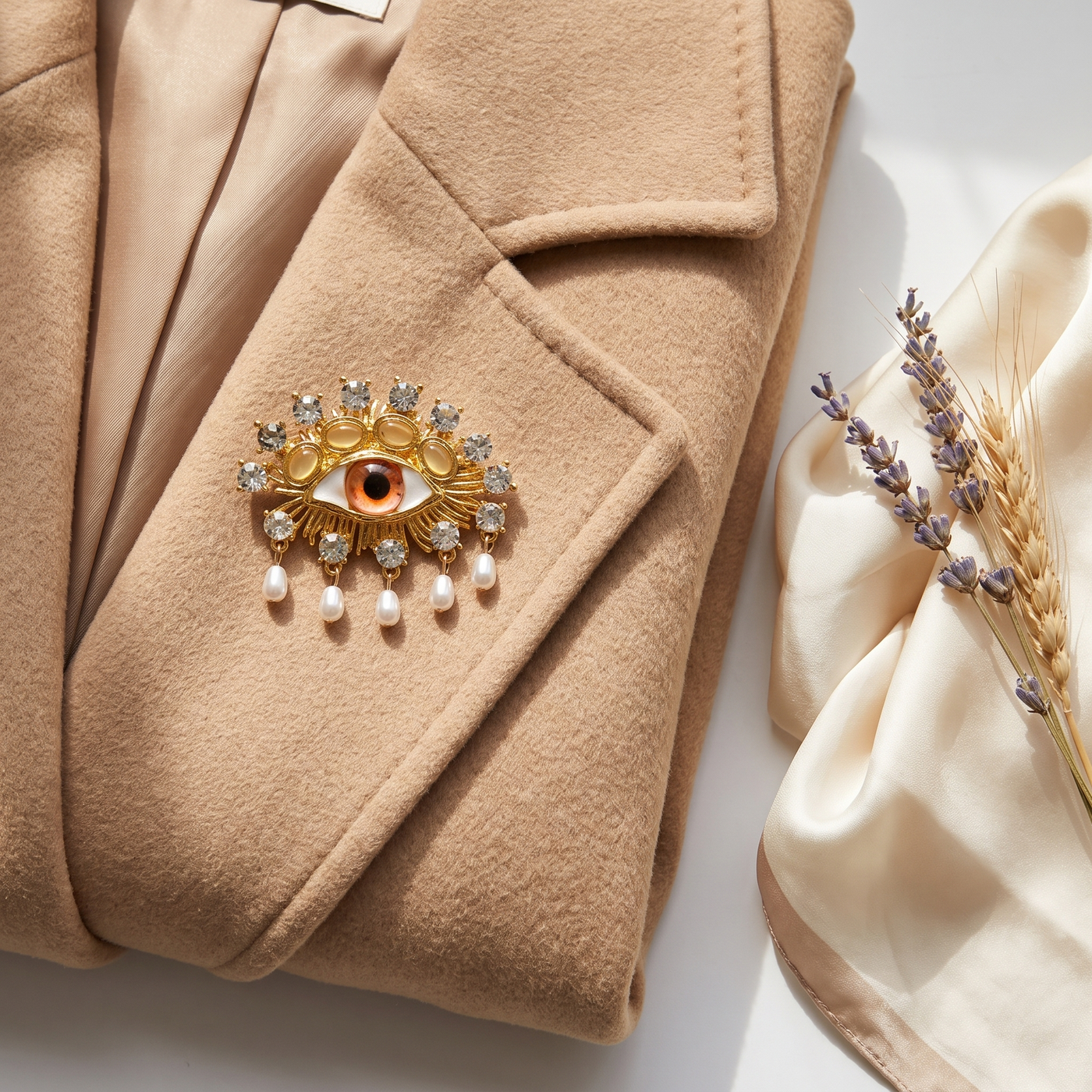 Broche Œil en perles & cristal, bijou vintage Alyvoa tenue à la main · Marron