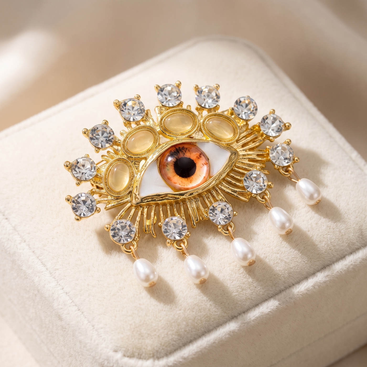 Broche Œil en perles & cristal, bijou vintage Alyvoa présentée sur un coussin · Marron