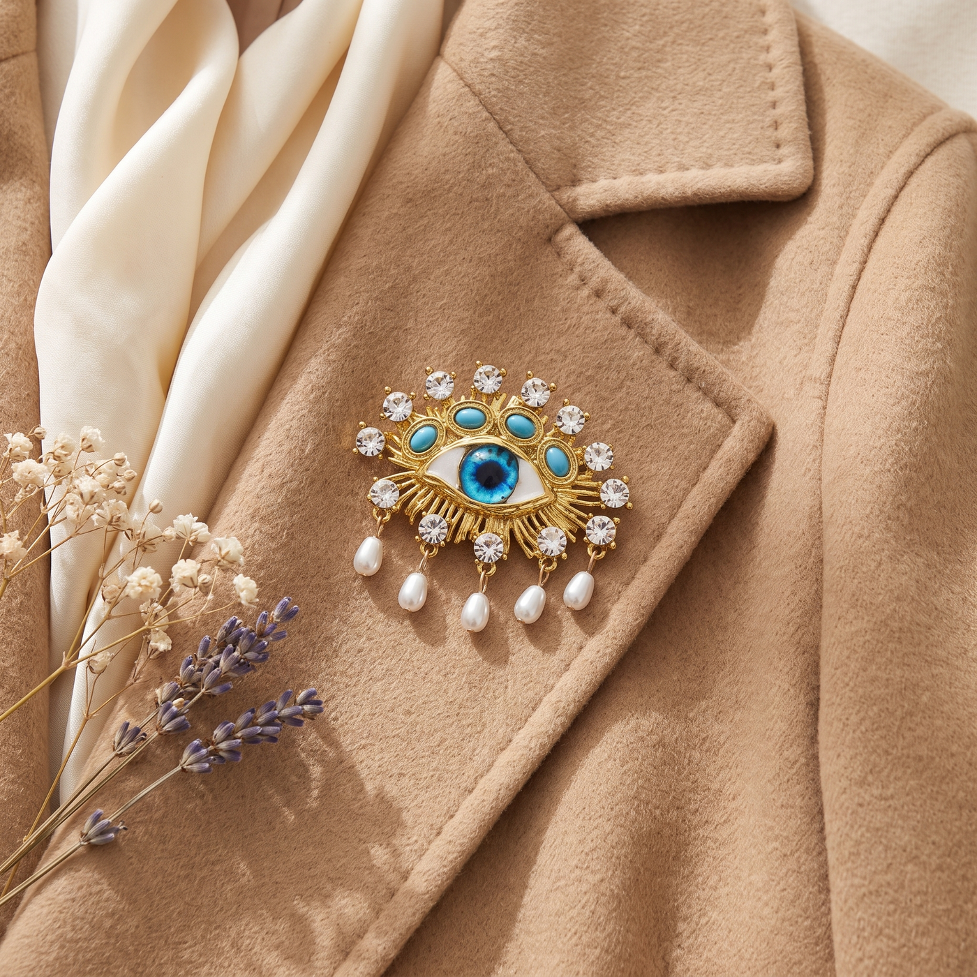 Broche Œil en perles & cristal, bijou vintage Alyvoa en situation · Bleu