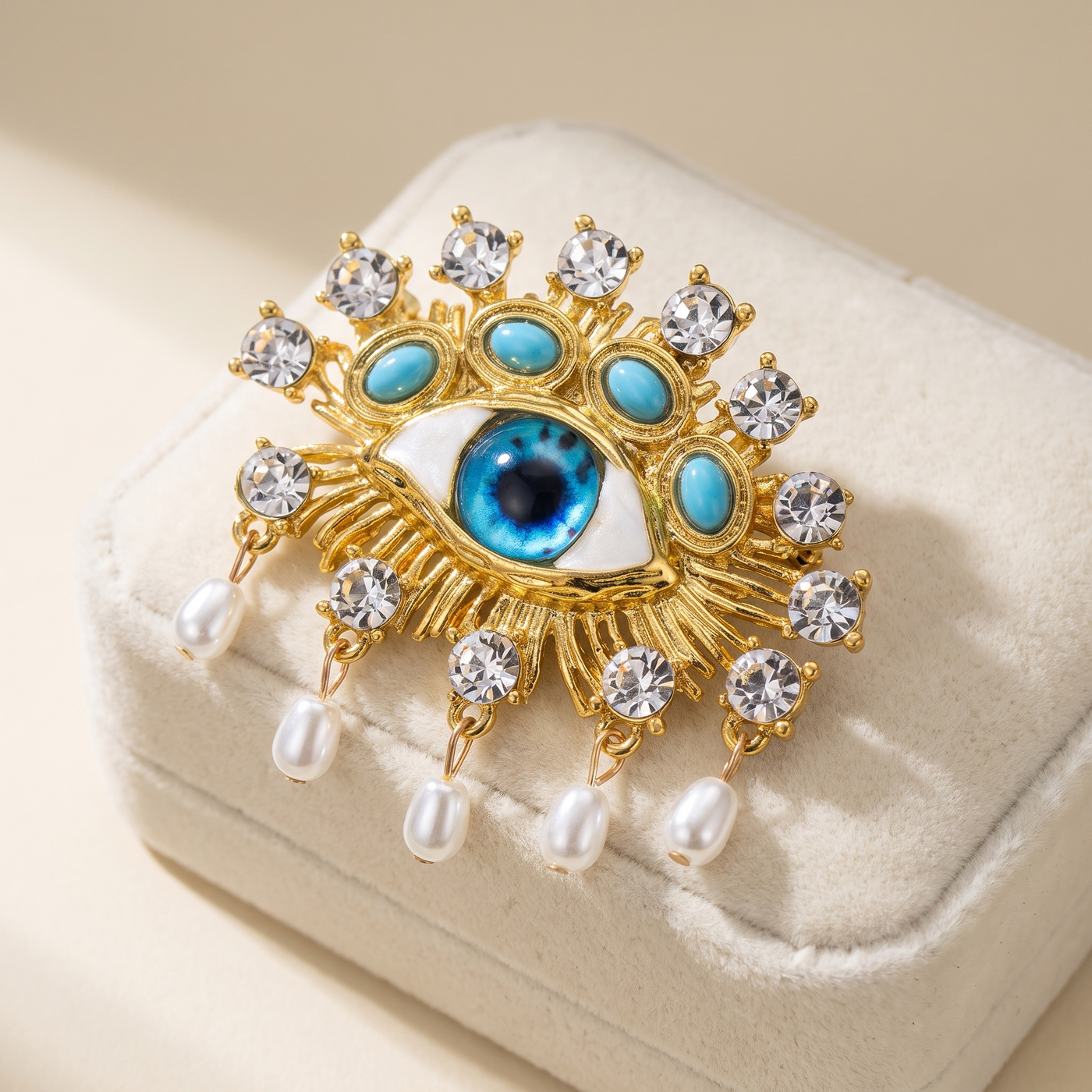 Broche Œil en perles & cristal, bijou vintage Alyvoa vue en gros plan · Bleu