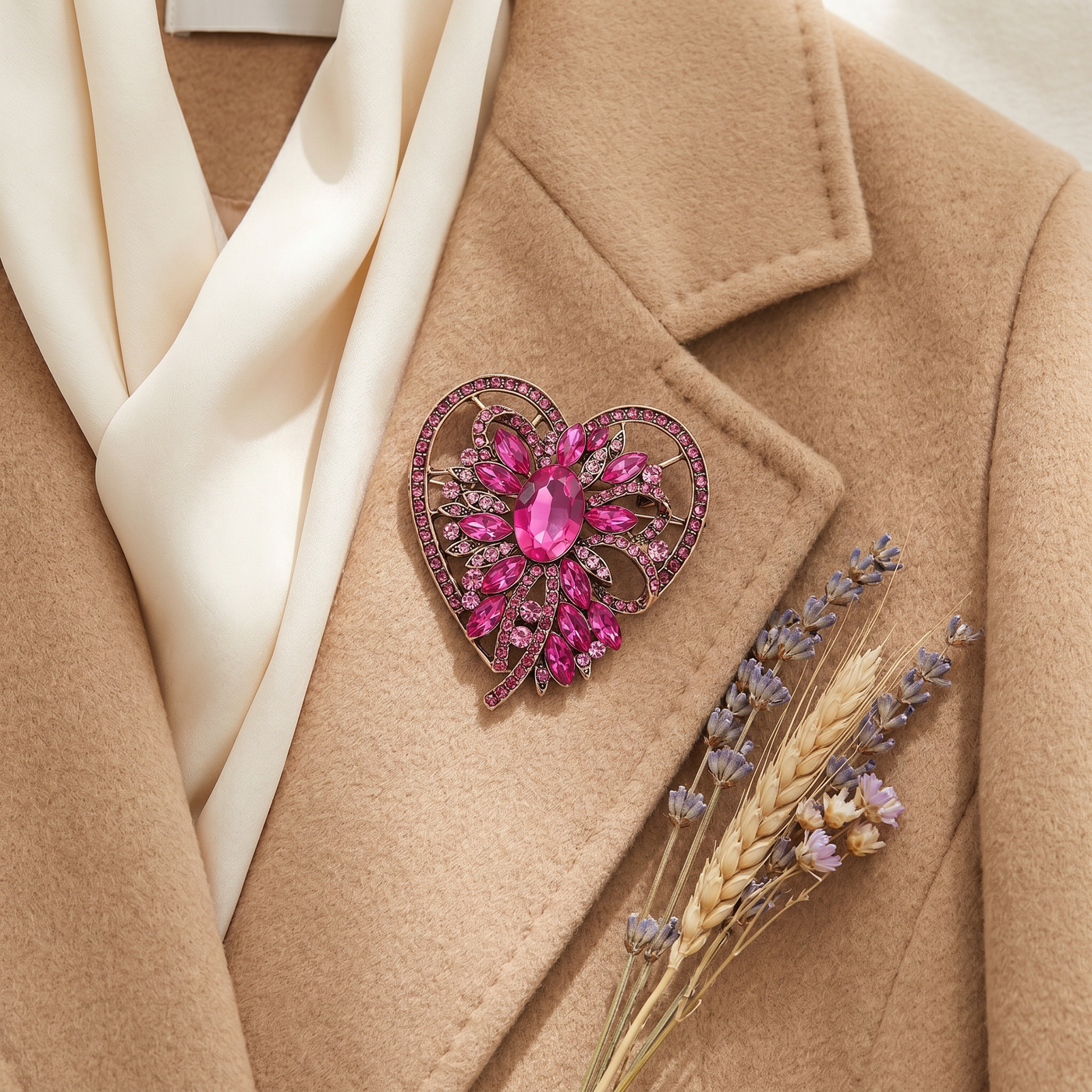 Broche Cœur en cristal, bijou vintage Alyvoa tenue à la main · Rose