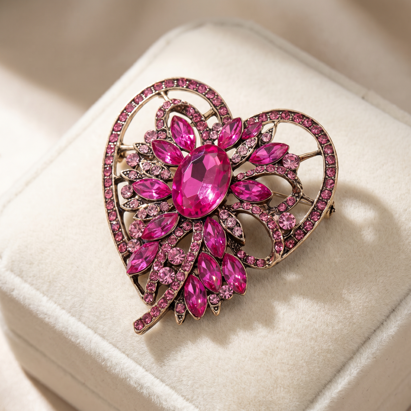 Broche Cœur en cristal, bijou vintage Alyvoa présentée sur un coussin · Rose