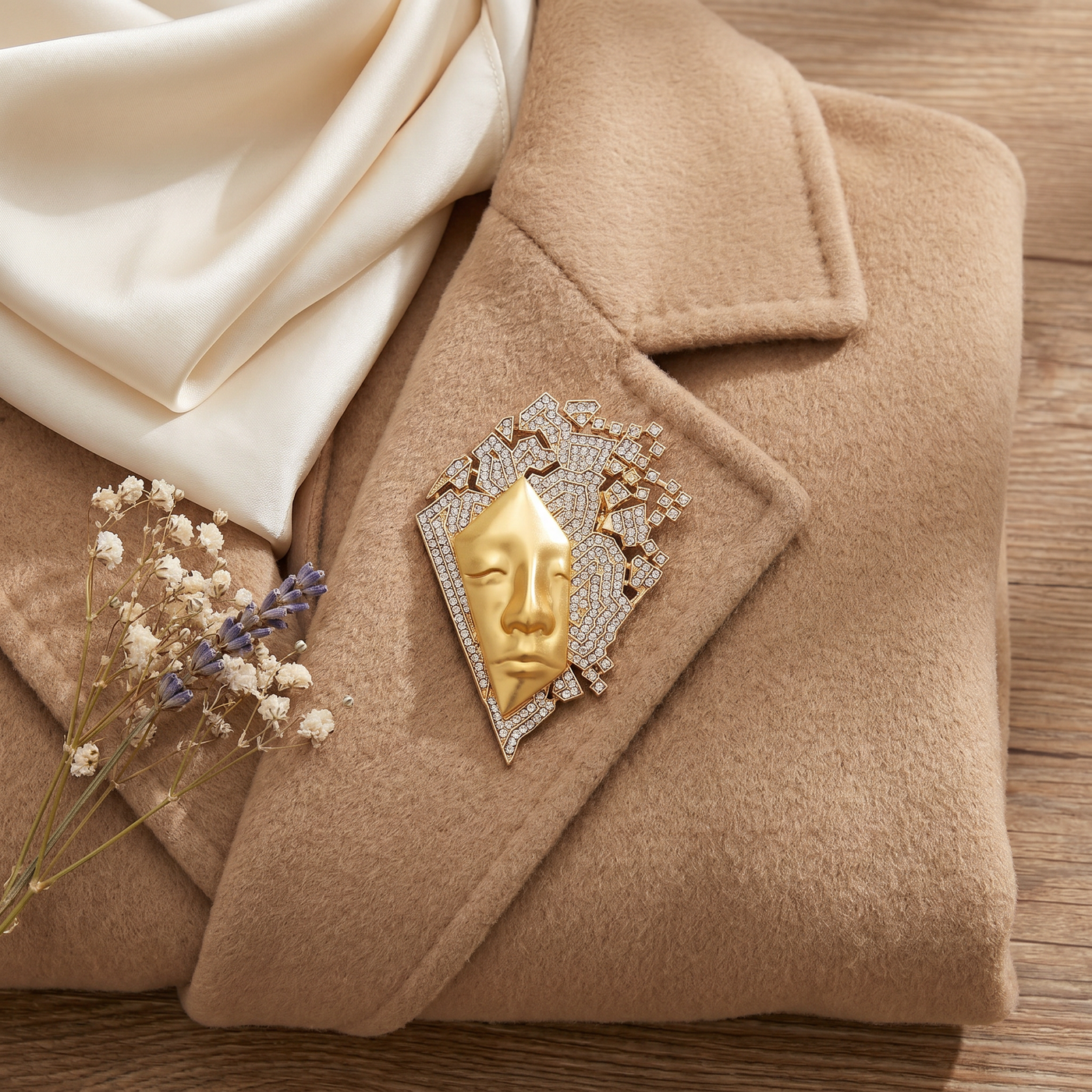 Broche Portrait en cristal, bijou vintage Alyvoa portée sur un revers