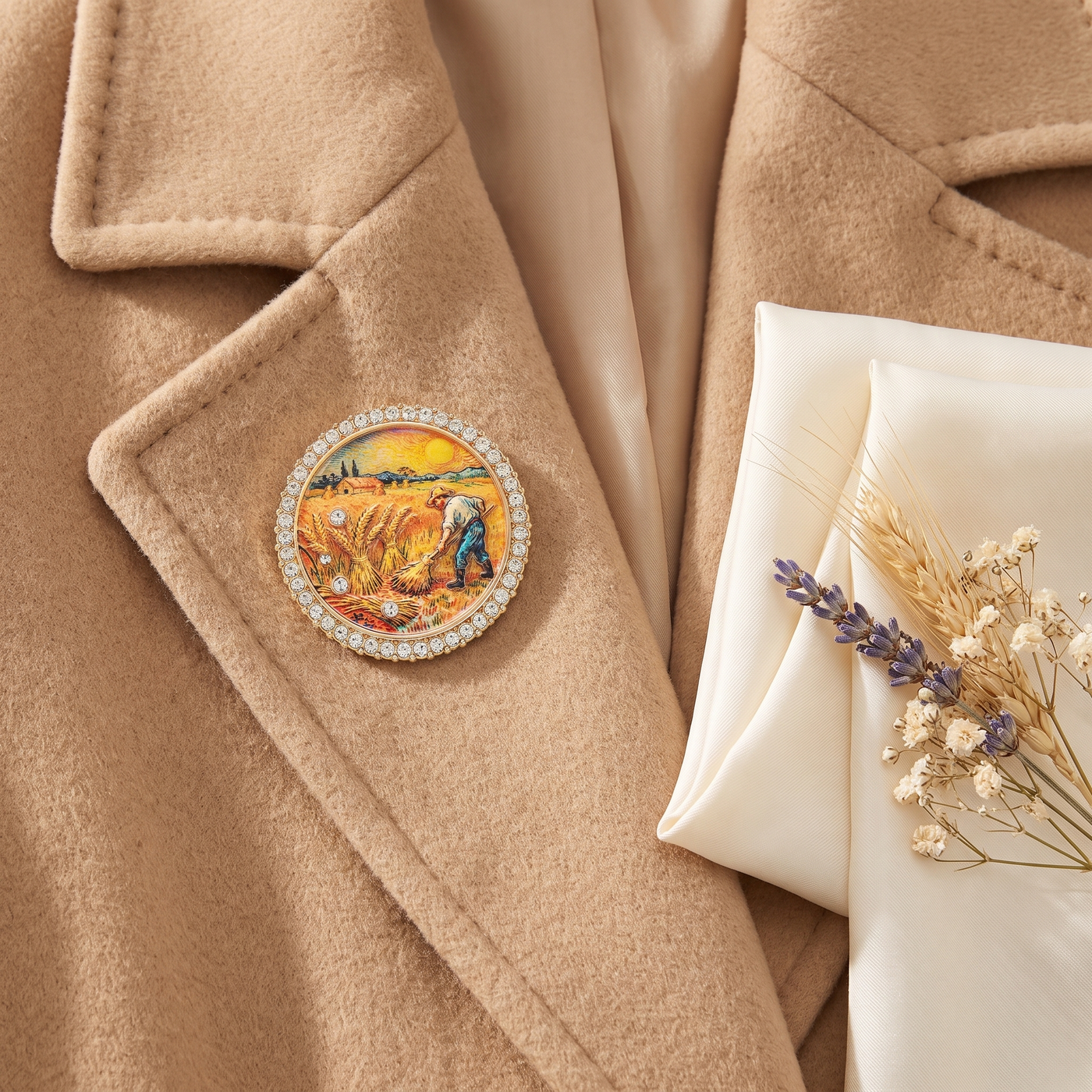 Broche Nuit Étoilée, bijou fantaisie vintage Alyvoa tenue à la main · Jaune