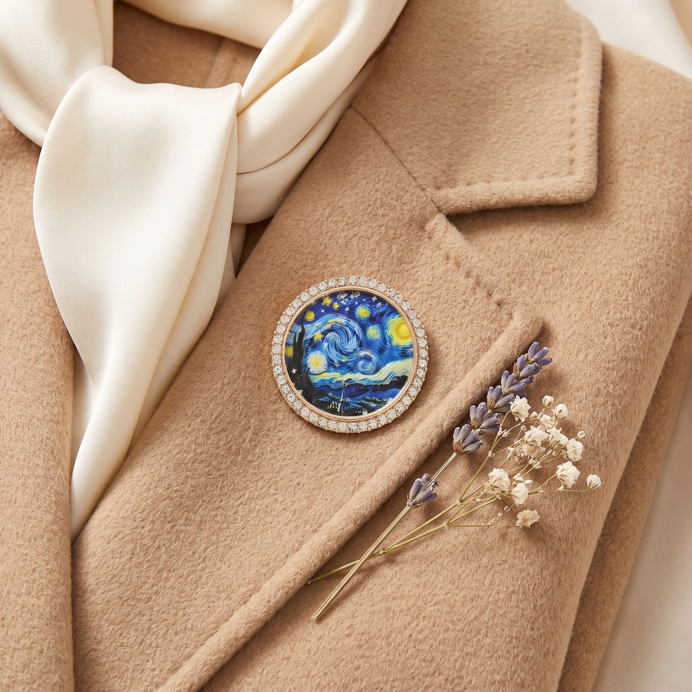 Broche Nuit Étoilée, bijou fantaisie vintage Alyvoa en situation · Bleu