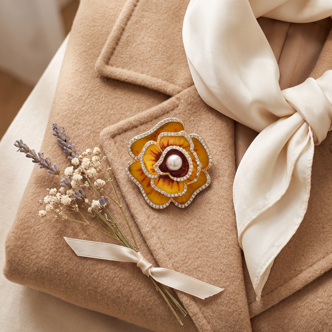 Broche Camélia en émail, bijou vintage Alyvoa présentée sur un coussin · Jaune