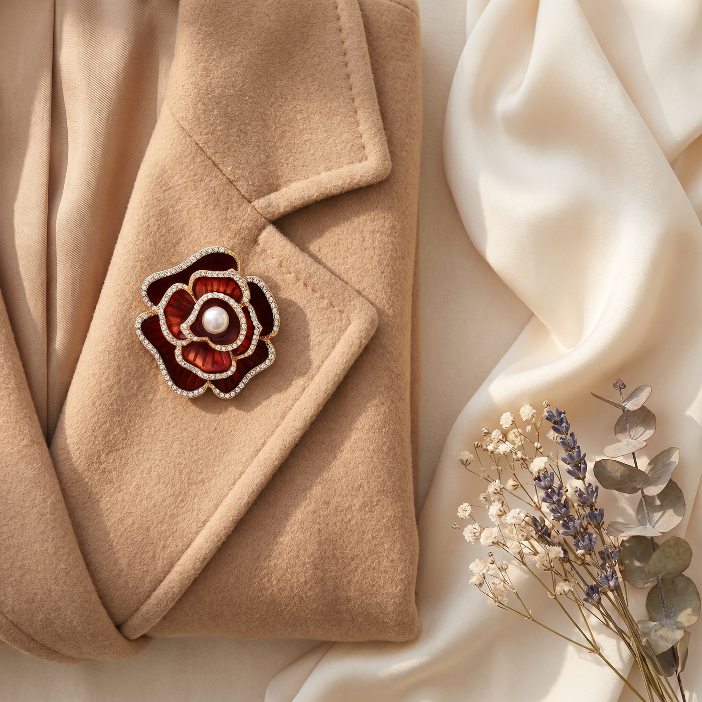 Broche Camélia en émail, bijou vintage Alyvoa · Rouge