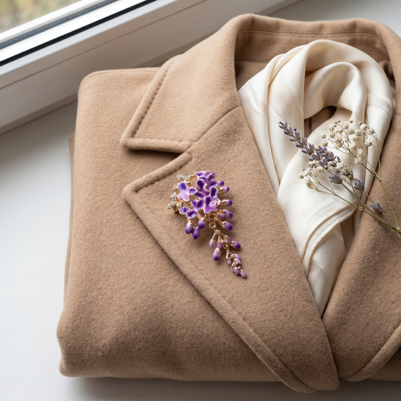 Broche Glycine en émail, bijou vintage Alyvoa portée sur un revers