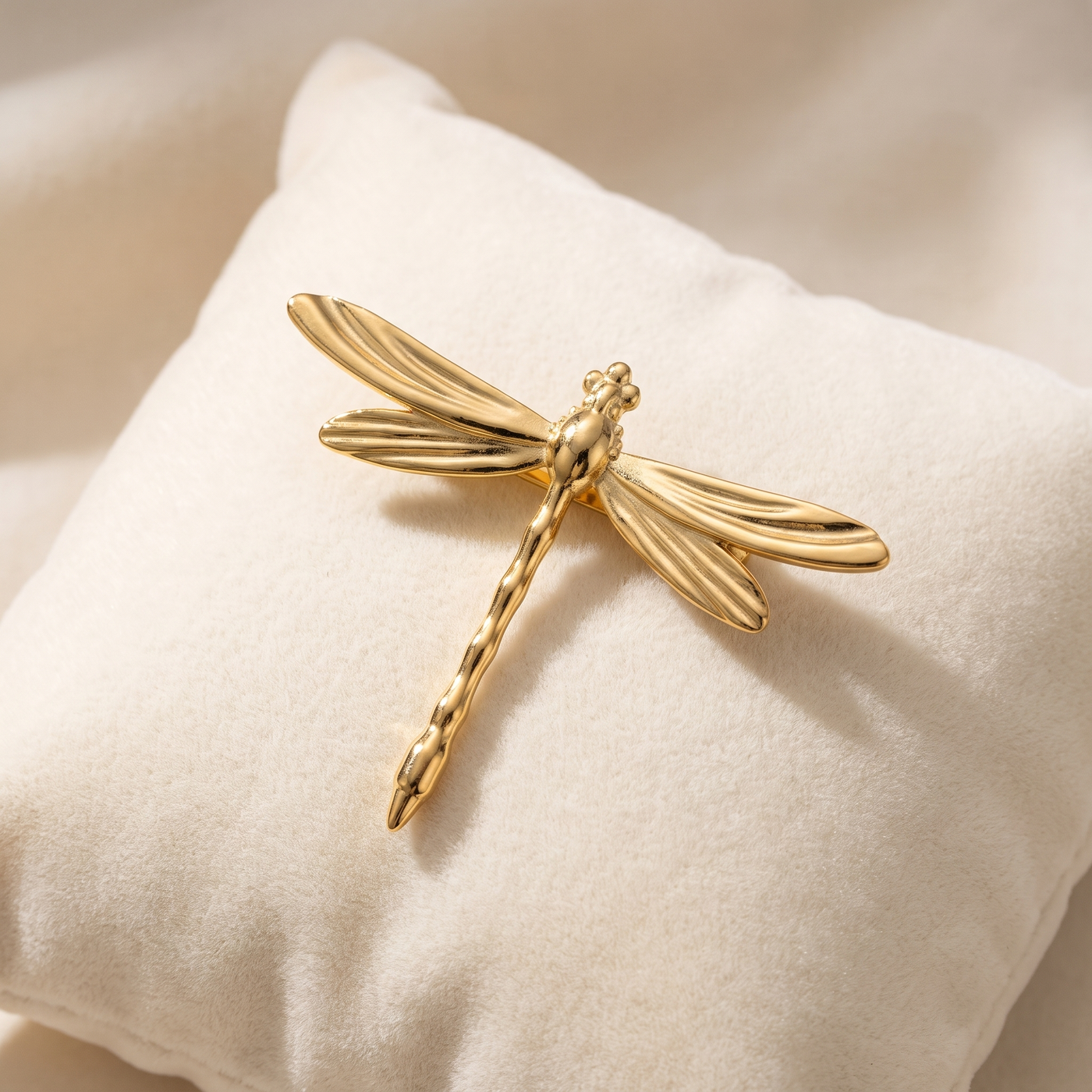 Broche Libellule, bijou fantaisie vintage Alyvoa présentée sur un coussin · Doré