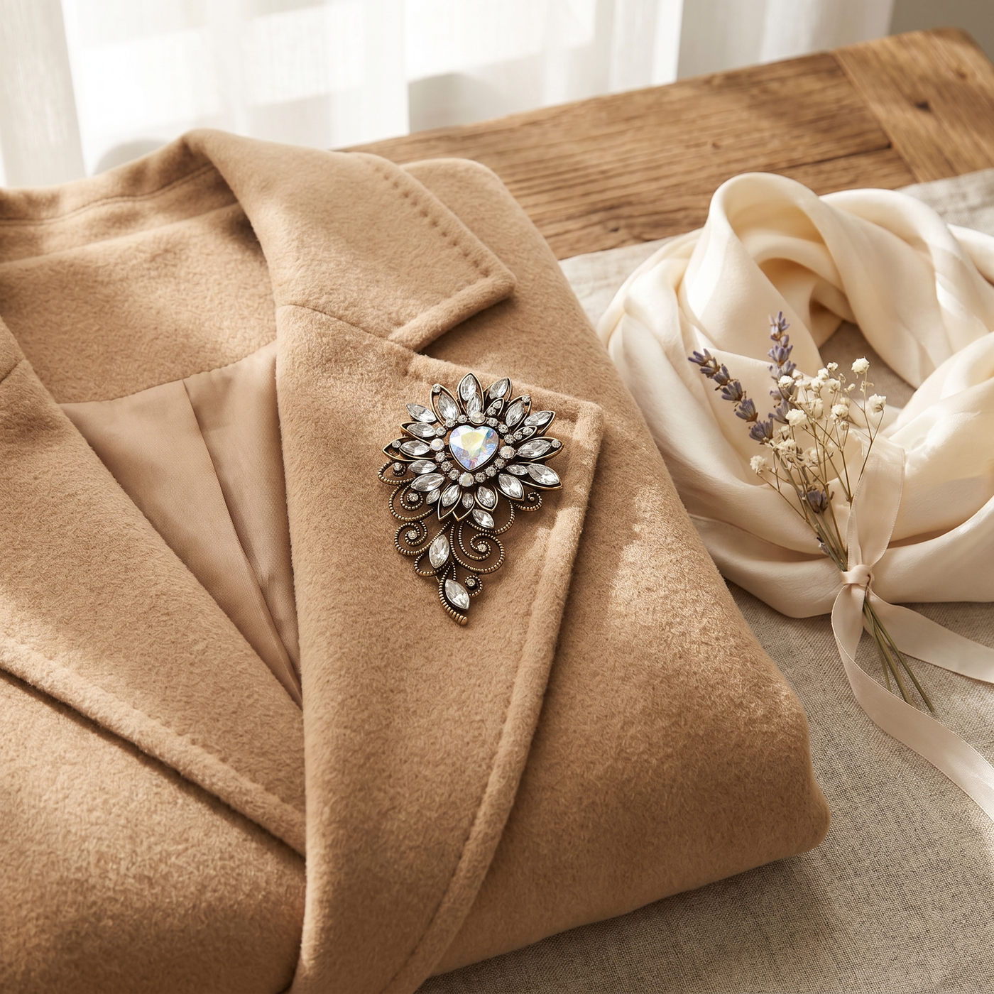 Broche Fleur en cristal, bijou vintage Alyvoa tenue à la main · Blanc