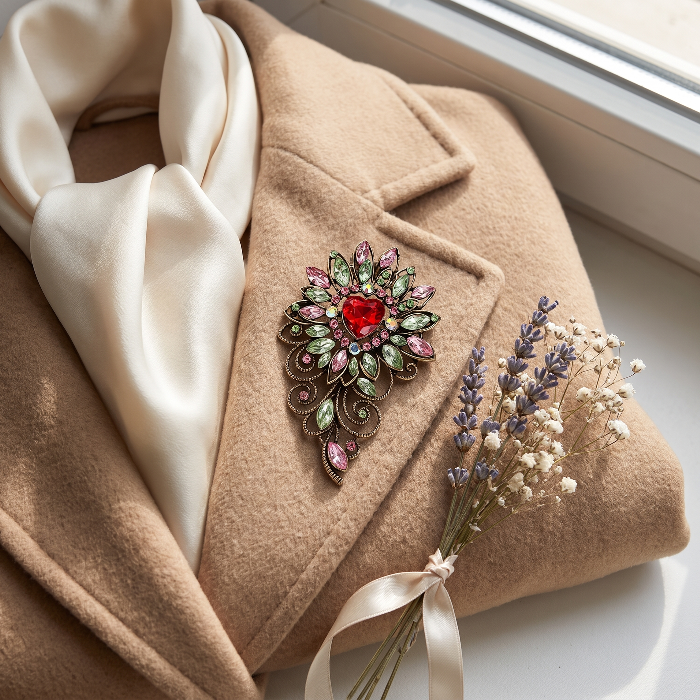 Broche Fleur en cristal, bijou vintage Alyvoa en situation · Rouge