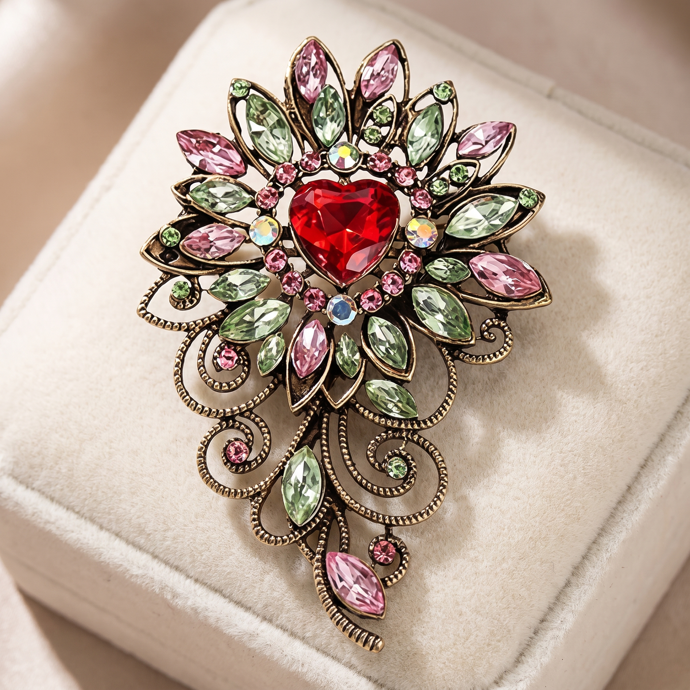 Broche Fleur en cristal, bijou vintage Alyvoa vue en gros plan · Rouge