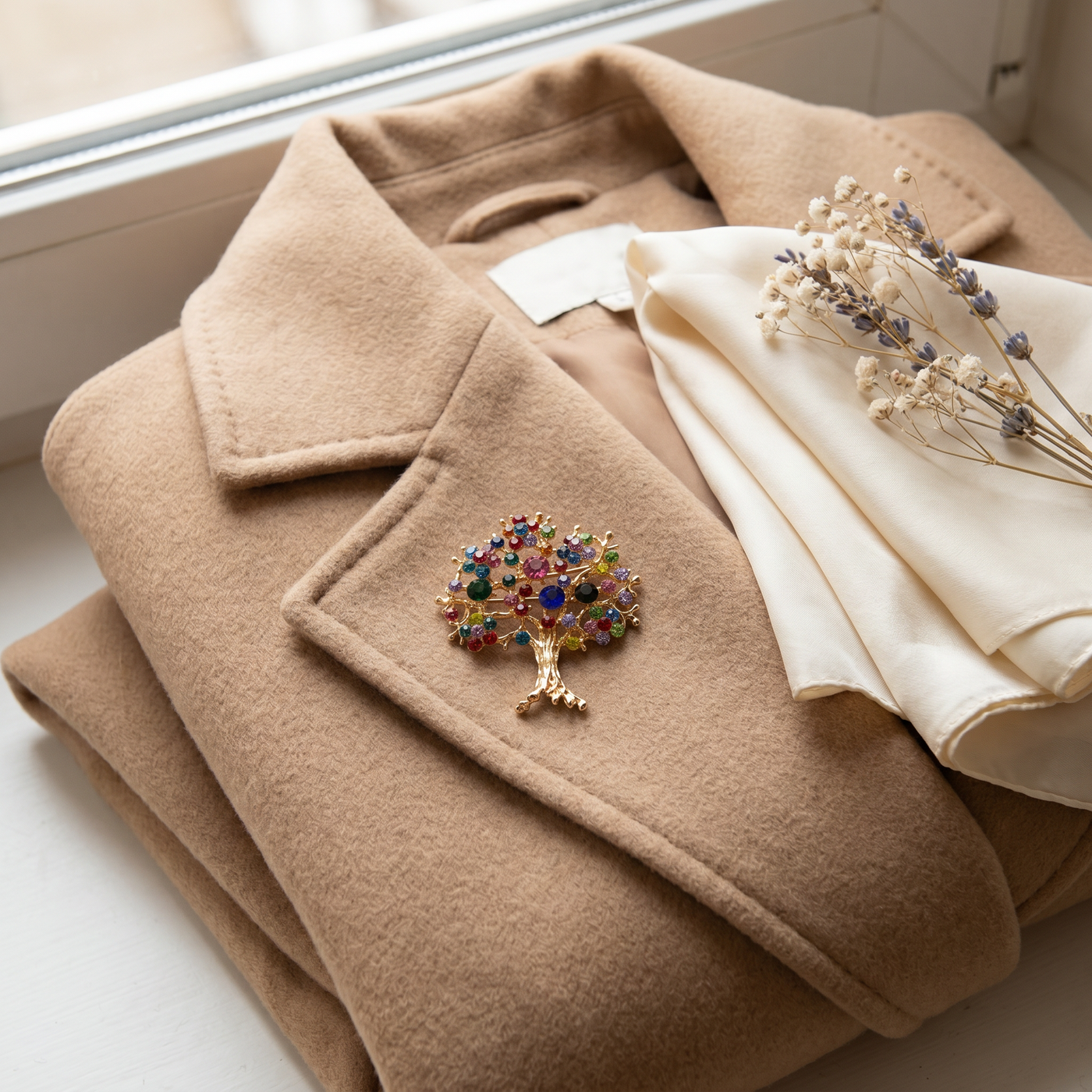 Broche Sapin en cristal, bijou vintage Alyvoa en situation · Doré