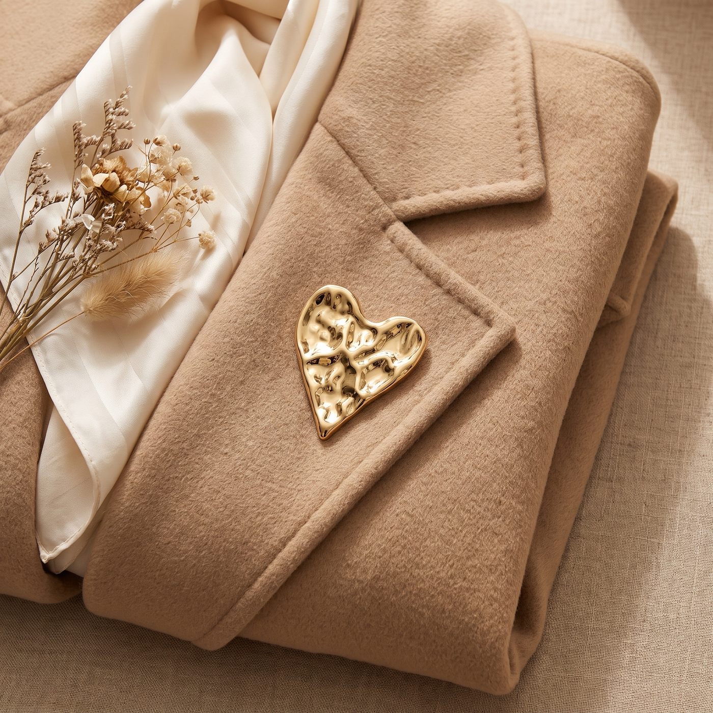 Broche Cœur en acier, bijou vintage Alyvoa en situation · Doré
