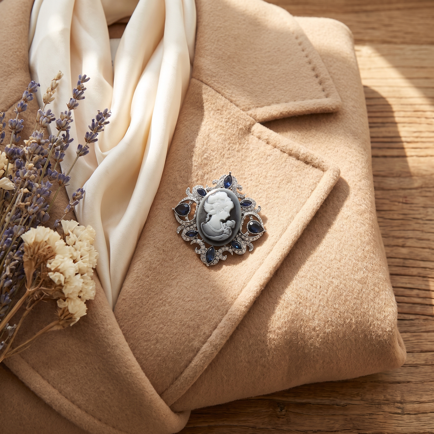 Broche Silhouette en cristal, bijou vintage Alyvoa portée sur un revers