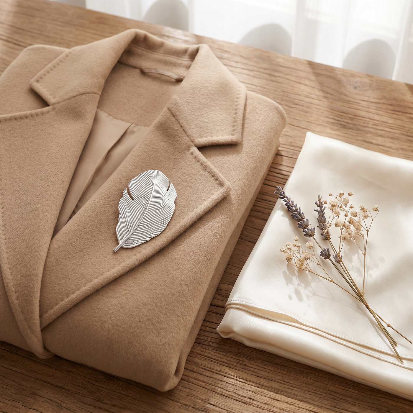 Broche Feuille, bijou fantaisie vintage Alyvoa en situation · Argenté