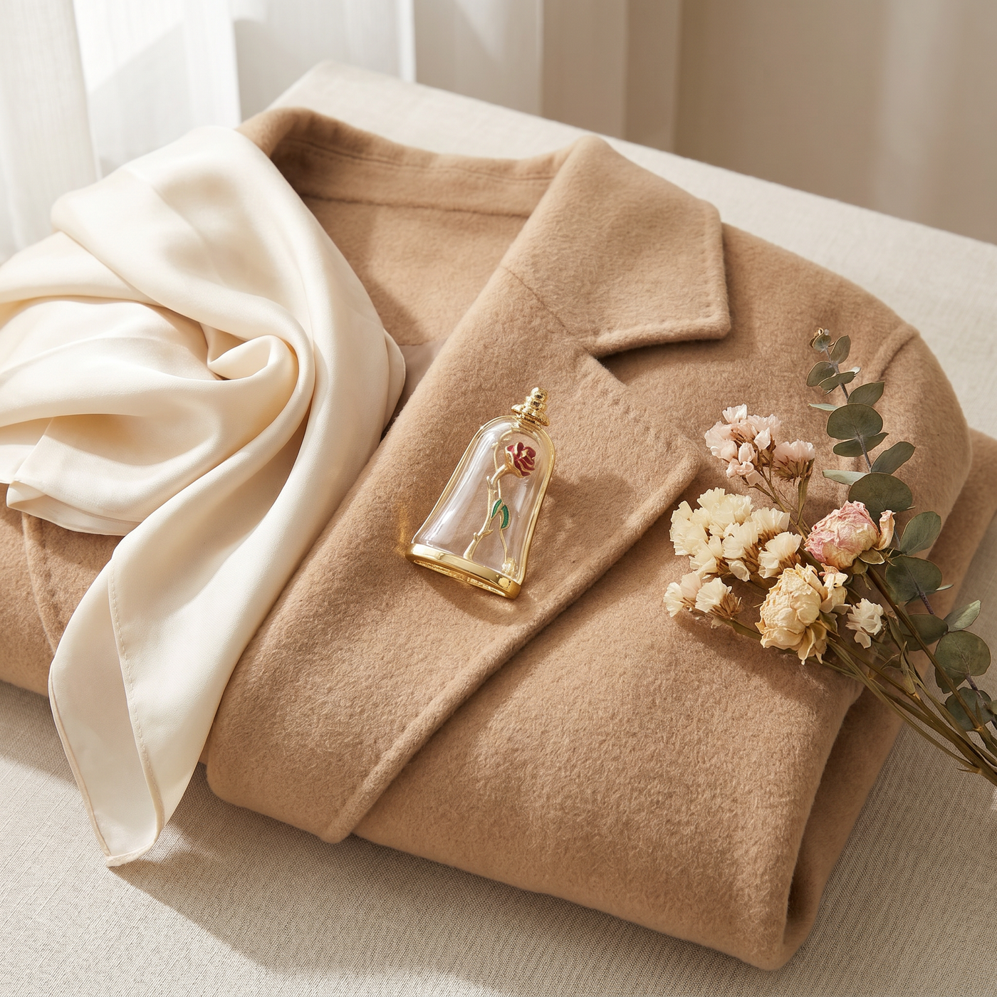 Broche Rose en émail, bijou vintage Alyvoa portée sur un revers
