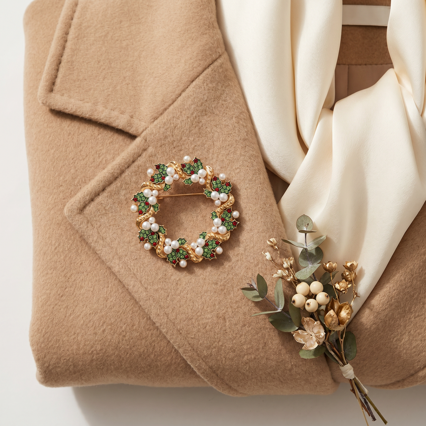 Broche Couronne en perles & cristal, bijou vintage Alyvoa portée sur un revers