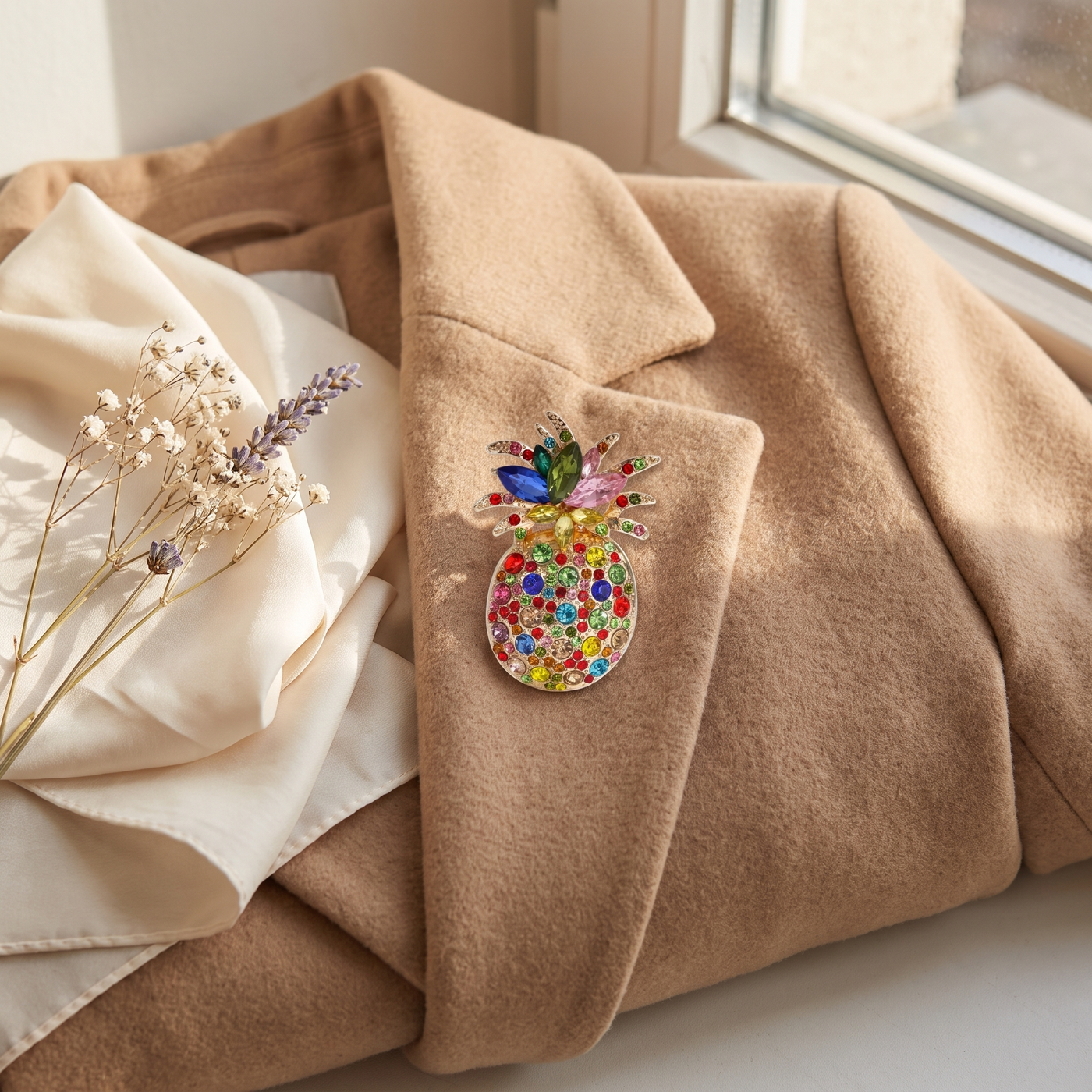 Broche Ananas en cristal, bijou vintage Alyvoa portée sur un revers